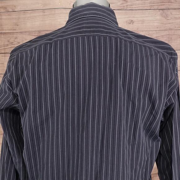 Faconnable Shirt Mens Small Black Gray Stripe Button Front Cotton Long Sleeve - Picture 5 of 8